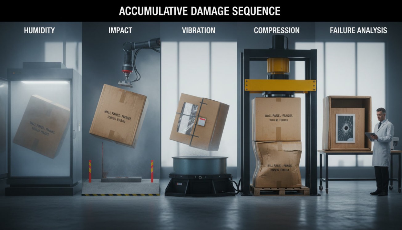 Route-based package test sequence covering humidity, impact, vibration, compression and failure analysis